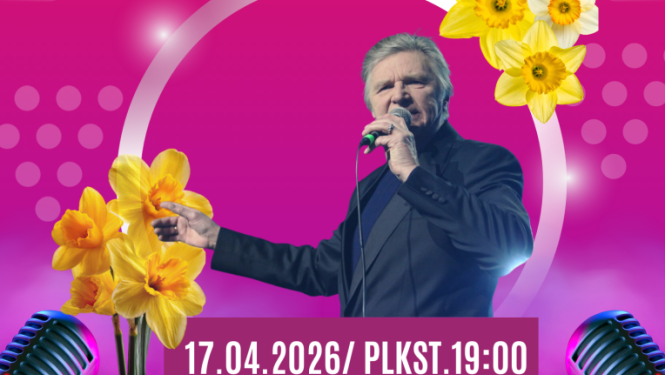 Rozīgi violets fons ar dzeltenām narcisēm. Centrā aplī stāv dziedātājs ar mikrofonu rokās. Teksts: 'Viktora Lapčenoka koncerts “Pavasara vēsmas dvēselei.