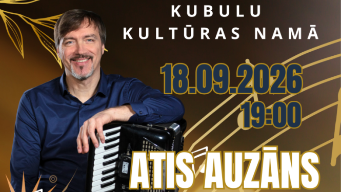 Attēlā redzams mūziķa Ata Auzāna koncerta plakāts. Uz zelta fona redzams pats mākslinieks ar akordeonu rokās.