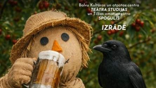 Attēlā redzama teātra izrādes reklāmas afiša. Centrā ir salmu cilvēks (biedēklis) ar cepuri, kurš rokā tur alus kausu, bet uz viņa pleca sēž melna vārna. Zemāk redzams izrādes nosaukums “Dzires Čiruļos (Ļaunais gars)” pēc R. Blaumaņa darba.