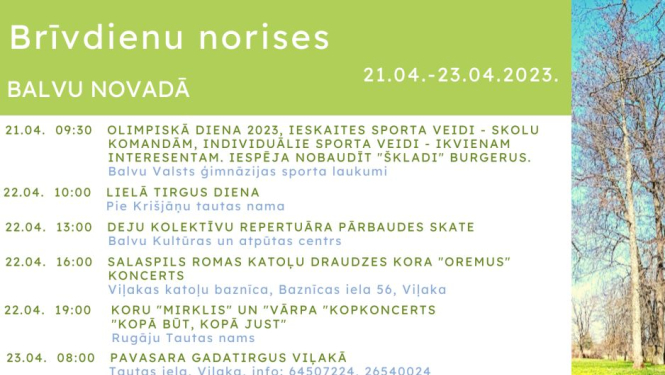 Brīvdienu norises Balvu novadā 21. – 23. 04.