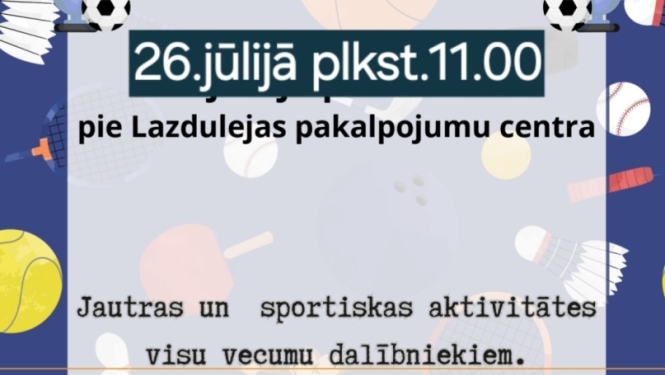 Attēlā redzams sporta pasākuma plakāts - basketbola, futbola, tenisa bumbiņas, florbola, hokeja nūjas uz tumši zila fona.