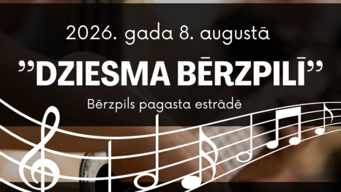 Attēlā redzama pasākuma afiša tumšos brūnos un melnos toņos ar izplūdušu ģitāras attēlu fonā. Pāri afišai stiepjas baltas nošu līnijas ar lielām notīm, bet kreisajā apakšējā stūrī redzams stilizēts retro mikrofons. Centrā ar lieliem baltiem burtiem izcelts pasākuma nosaukums "Dziesma Bērzpilī", norādīts datums – 2026. gada 8. augusts, un vieta – Bērzpils pagasta estrāde.