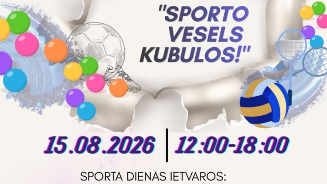 Attēlā redzama krāsaina afiša sporta dienai “Sporto vesels Kubulos!”. Tajā attēloti dažādi sporta atribūti un norādīts, ka pasākums notiks 2026. gada 15. augustā no plkst. 12.00 līdz 18.00. Programmā paredzētas sporta sacensības, stafetes, orientēšanās, bērnu aktivitātes, radošās darbnīcas, apbalvošana un kopīga spēka zupas baudīšana.