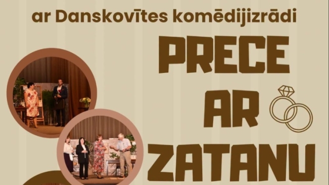 Attēlā redzams izrādes plakāts. Uz gaiša fona redzamas bildes no izrādes apļu formā. Gaigalavas KN amatierteātra "Bykovīši" izrāde "Prece ar zatanu".