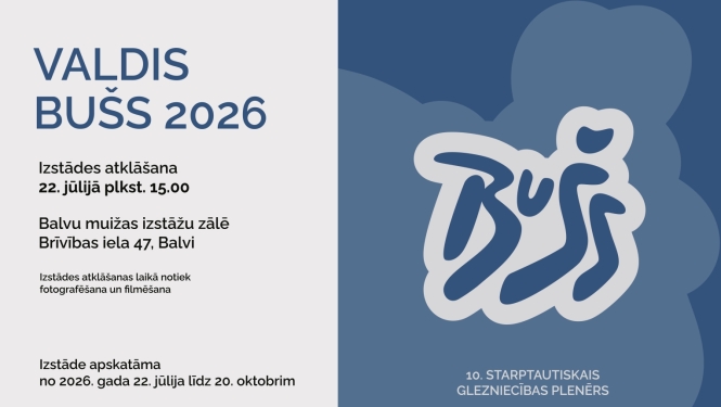 Labajā pusē uz tumši zila fona redzams liels, stilizēts uzraksts "Buš" baltā un zilā krāsā, aiz kura fonā veidotas lielas, noapaļotas zilas formas. Apakšā lasāms teksts "10. Starptautiskais glezniecības plenērs". Afišas kopējais iespaids ir mūsdienīgs, lakonisks un vizuāli mierīgs.