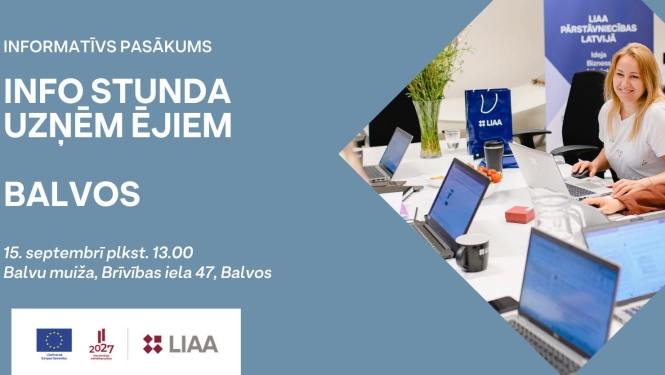 Attēlā redzama sievietes, kuras smaida, blakus datori. Uz pelēka fona aicinājums uzņēmējiem piedalīties informatīvajā stundā.