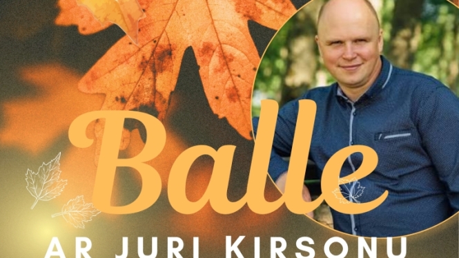 Uz tumši brūna fona redzamas rudens lapas oranžā krāsā. Redzams vīrietis - muzikants.