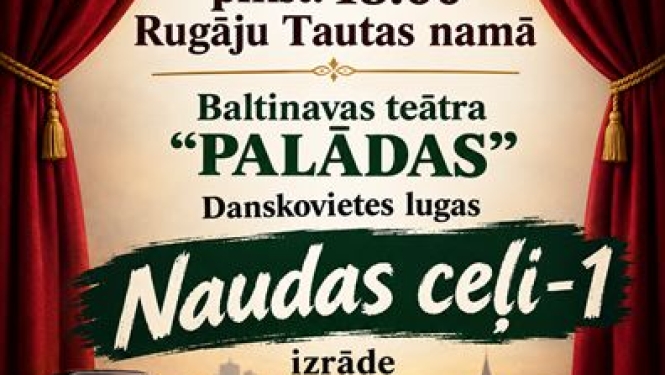 Baltinavas teātra izrāde Naudas ceļi 1, afišas fonā nauda 