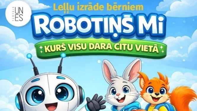 Izrāde par robotiņu Mi un viņa draugiem, redzams robitiņš un dzīvnieciņi 