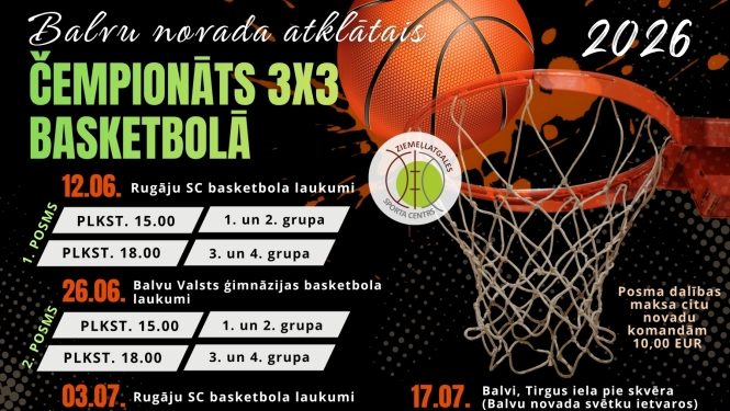 Attēlā redzams plakāts par Balvu novada atklāto 3x3 basketbola čempionātu 2026. Tajā norādīti četri posmi ar datumiem, vietām un spēļu laikiem (plkst. 15.00 un 18.00 dažādām grupām). Redzams basketbola grozs, bumba, organizatora logo un informācija par dalības maksu — 10 EUR citu novadu komandām.