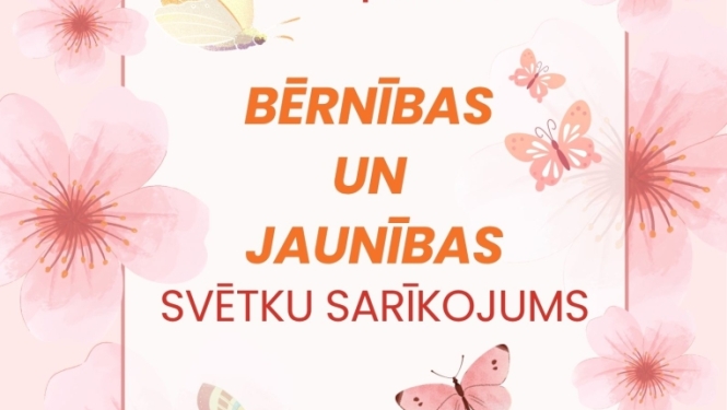 Attēlā redzams pasākuma plakāts gaiši rozā toņos ar ziedu un tauriņu motīviem. Tajā reklamēts bērnības un jaunības svētku sarīkojums Bērnības un jaunības svētku sarīkojums, kas notiks 2026. gada 7. jūnijā plkst. 13.00 Naudaskalna Tautas nams. Plakāta apakšā redzams Balvu novads logo un piezīme, ka pasākums tiks fotografēts un filmēts publicitātes vajadzībām.