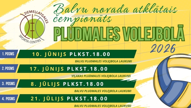 Attēlā redzams reklāmas plakāts par pludmales volejbola čempionātu 2026. Tajā norādīti pieci posmi ar datumiem un laikiem (jūnijā, jūlijā un augustā plkst. 18.00), norises vietas Balvu un Viļakas pludmales volejbola laukumos, kā arī dalības maksa – 10 eiro. Plakātā ir volejbola bumbas ilustrācija, sporta centra logotips un kontaktinformācija galvenajam tiesnesim. Ir arī norāde, ka pasākuma laikā tiks fotografēts un filmēts.
