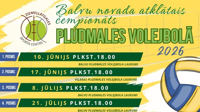 Attēlā redzams reklāmas plakāts par pludmales volejbola čempionātu 2026. Tajā norādīti pieci posmi ar datumiem un laikiem (jūnijā, jūlijā un augustā plkst. 18.00), norises vietas Balvu un Viļakas pludmales volejbola laukumos, kā arī dalības maksa – 10 eiro. Plakātā ir volejbola bumbas ilustrācija, sporta centra logotips un kontaktinformācija galvenajam tiesnesim. Ir arī norāde, ka pasākuma laikā tiks fotografēts un filmēts.