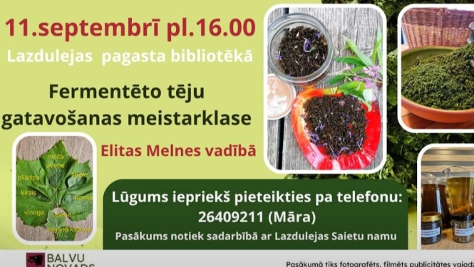 Uz gaiši zaļa fona redzami dabas augi un ogas. Uzrakstīts aicinājums uz tējas gatavošanas meistaklasi
