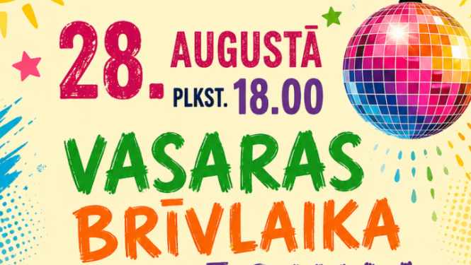 Attēlā redzama krāsaina diskotēkas afiša. Labajā augšējā stūrī krāsaina diskobumba. Apakšā krāsaini silueta cilvēki. 