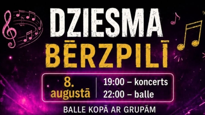 Attēlā redzams košs pasākuma plakāts ar tumšu, violeti izgaismotu fonu un mūzikas notīm. Augšpusē liels virsraksts "Dziesma Bērzpilī". Norādīts, ka 8. augustā plkst. 19.00 notiks koncerts, bet 22.00 – balle. Plakātā redzamas grupas "Tranzīts" un "Ginc un Es" dalībnieku fotogrāfijas
