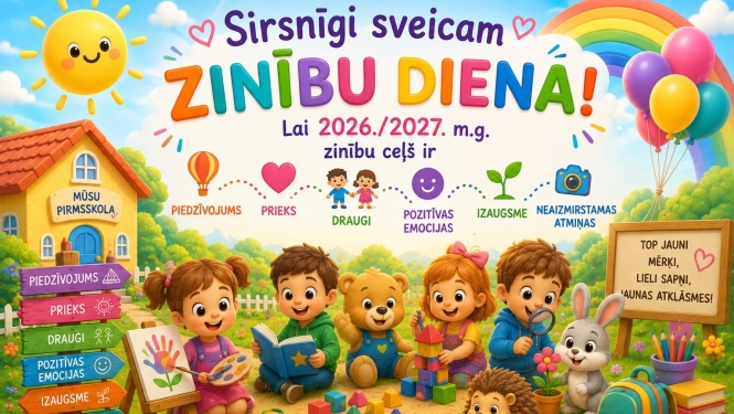 Attēlā redzami bērni ar grāmatām, rotaļlietām. apsveikums Zinību dienā