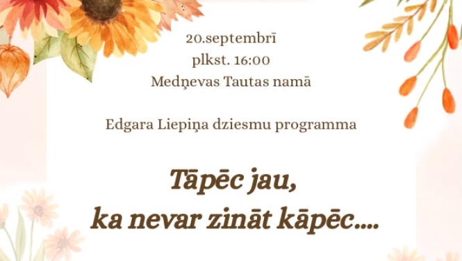 Uz gaiša fona redzami dzelteni ziedi, tumšiem burtiem uzrakstīts teksts.