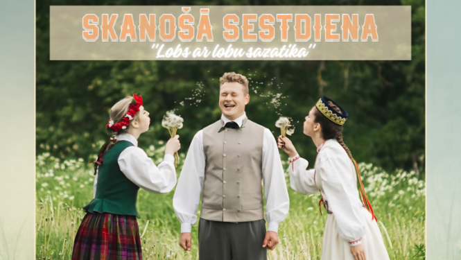 Attēlā redzams reklāmas plakāts pasākumam “Skanošā sestdiena” ar saukli “Lobs ar lobu sazatikā”. Centrā redzami trīs cilvēki tautastērpos pļavā — divas sievietes pūš pieneņu pūkas uz smaidošu vīrieti. Plakātā norādīts, ka pasākums notiks 6. jūnijā plkst. 19.00 Viļakas brīvdabas estrādē. Pēc tam paredzēta balle kopā ar Ainārs Lipskis. Apakšā redzami arī pasākuma organizatoru un atbalstītāju logotipi.