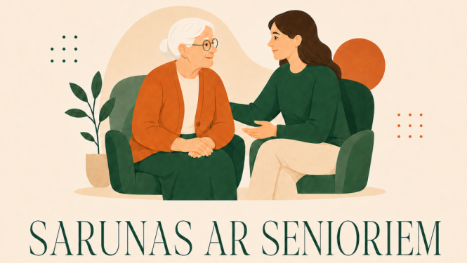 Uz gaiša fona redzamas divas sievietes vektorgrafikas stilā. Kreisajā pusē sēž sirmgalve ar īsiem sirmiem matiem, bet labajā pusē – jauna meitene. Abas sēž uz zaļiem krēsliem, pagriezušās viena pret otru un sarunājas.