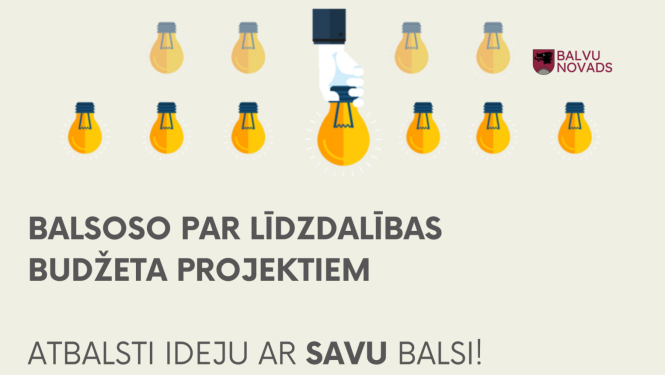 Balvu novada informatīvais plakāts ar tekstu: "BALSOSO PAR LĪDZDALĪBAS BUDŽETA PROJEKTIEM. ATBALSTI IDEJU AR SAVU BALSI!". Augšpusē redzama grafika ar vairākām dzeltenām spuldzītēm, no kurām vienu lielāko vidū tur uzzīmēta roka. Augšējā labajā stūrī ir Balvu novada logotips.