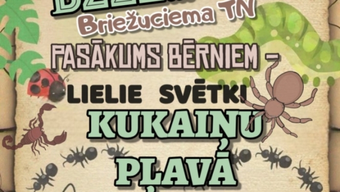 Attēlā redzama krāsaina afiša bērnu pasākumam "Lielie svētki kukaiņu pļavā" Briežuciema tautas namā. Tajā norādīts, ka pasākums notiks 22. augustā plkst. 14.00 un ir paredzēts 2021. un 2025. gadā dzimušajiem bērniem. Afiša veidota kukaiņu tematikā un informē arī par bezmaksas piepūšamo atrakciju pēc pasākuma.