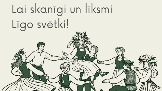 Grafiska Līgo svētku apsveikuma kartīte, kurā ilustrēti jaunieši tautas tērpos un vainagos, dejojot un svinot Jāņus. Augšpusē lasāms vēlējums "Lai skanīgi un līksmi Līgo svētki!".