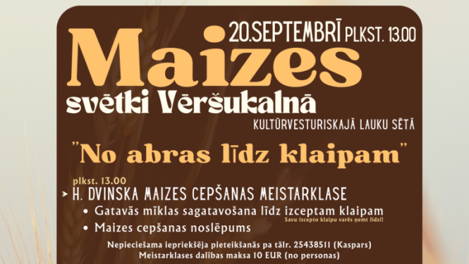 Uz tumši brūna fona redzamas maizes šķēles un rudzu vārpas.