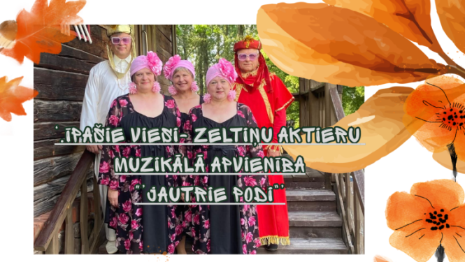 Attēlā redzamas 3 sievietes un 2 vīrieši, kas skatās kamerā. Uz balta fona redzami oranži ziedi.