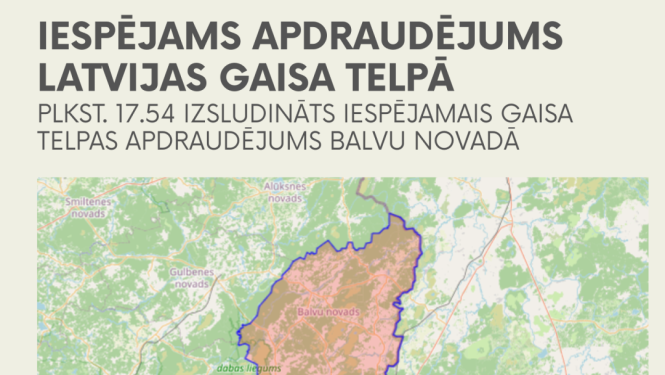 Karte ar iespējamo apdraudējuma teritoriju, iekrāsota Balvu novada teritorija