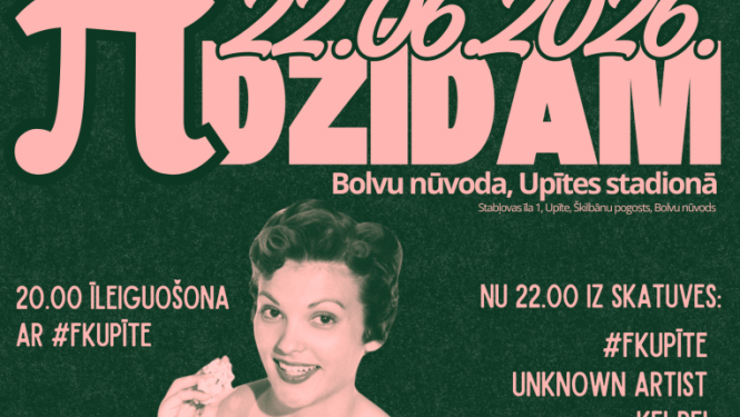 Attēlā redzams pasākuma "Līzidam" plakāts. Tas reklamē pasākumu, kas notiks 2026. gada 22. jūnijā Upītes stadionā Bolvu novadā. Plakātā ir retro stila sievietes attēls ar popkorna grozu. Norādīta programma ar muzikāliem izpildītājiem, tostarp "Unknown Artist", "KEI-REI", "Krēsla", "DEKK" un īpašajiem viesiem "JUUK".
