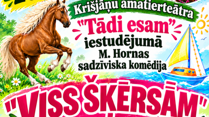 Attēlā redzami zirgi, cilvēks ar zirgu, mašīna, māja un buru laiva.