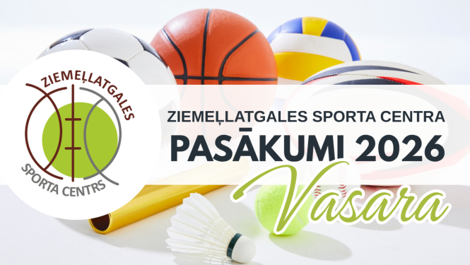 Ziemeļlatgales sporta centra 2026. gada vasaras pasākumu reklāmas baneris, kurā attēlots dažādu sporta veidu inventārs un iestādes logotips.