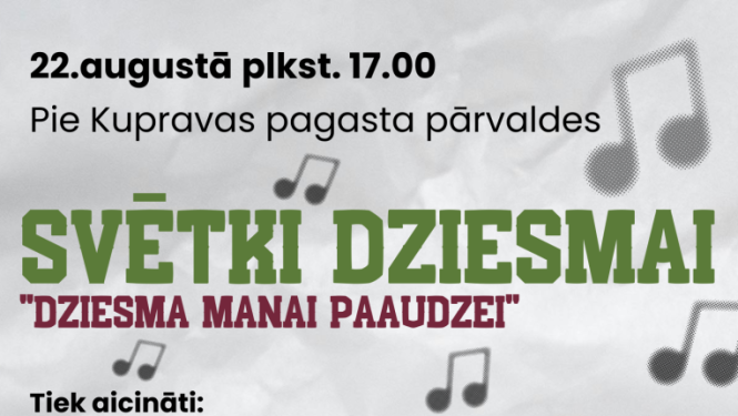 Uz gaiši pelēka fona redzama afiša ar lielu bordo mikrofonu, mūzikas notīm un nošu līnijām. Virsraksts “Svētki dziesmai” izcelts zaļā krāsā. Teksts informē par muzikālu pasākumu Kupravā, kurā aicināti piedalīties solisti, dueti, ansambļi un citi izpildītāji. Afišas apakšā redzami Balvu novada un Viļakas Kultūras nama logotipi.