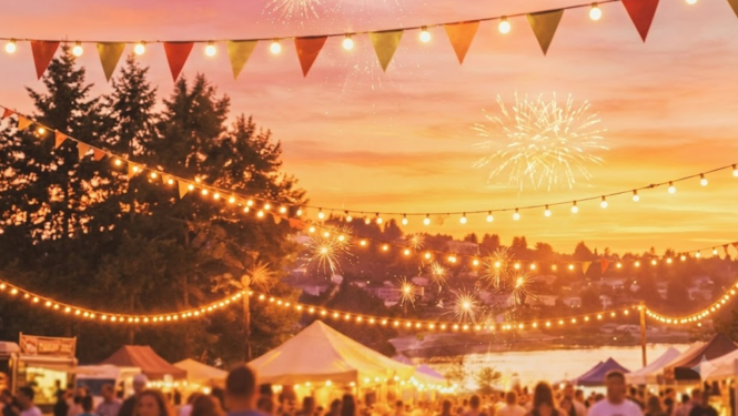 Brīvdabas festivāls vai pilsētas svētki vakara saulrietā. Priekšplānā redzams liels cilvēku pūlis un izgaismotas festivāla teltis, virs kurām iekārtas spuldzīšu vītnes un krāsas karodziņi. Fonā virs ezera vai upes un meža silueta debesīs redzams salūts.