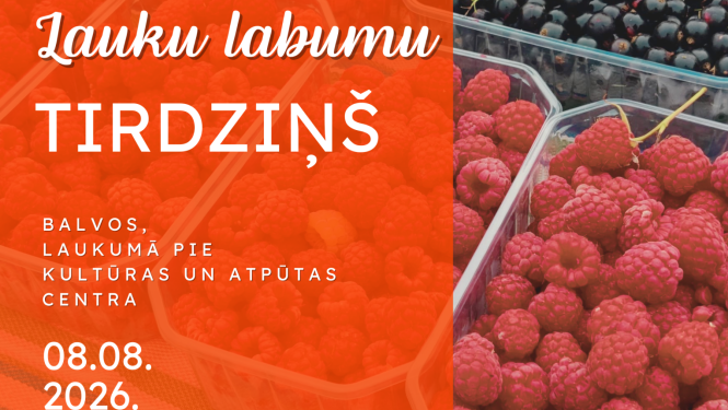 Afiša, kreisajā pusē redzams oranžs informatīvs teksts, labajā pusē ogu foto, priekšplānā aveņu trauciņi, tālāk upenes.