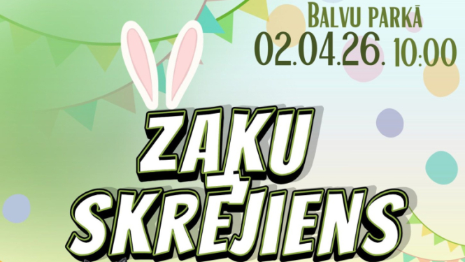 Zaļgans fons. Attēlā redzami divi balti zaķi, pa ceļu skrien Balvu vilks un Viļakas ezis. Teksts aicina uz Zaķu skrējienu Balvu pilsētas parkā.