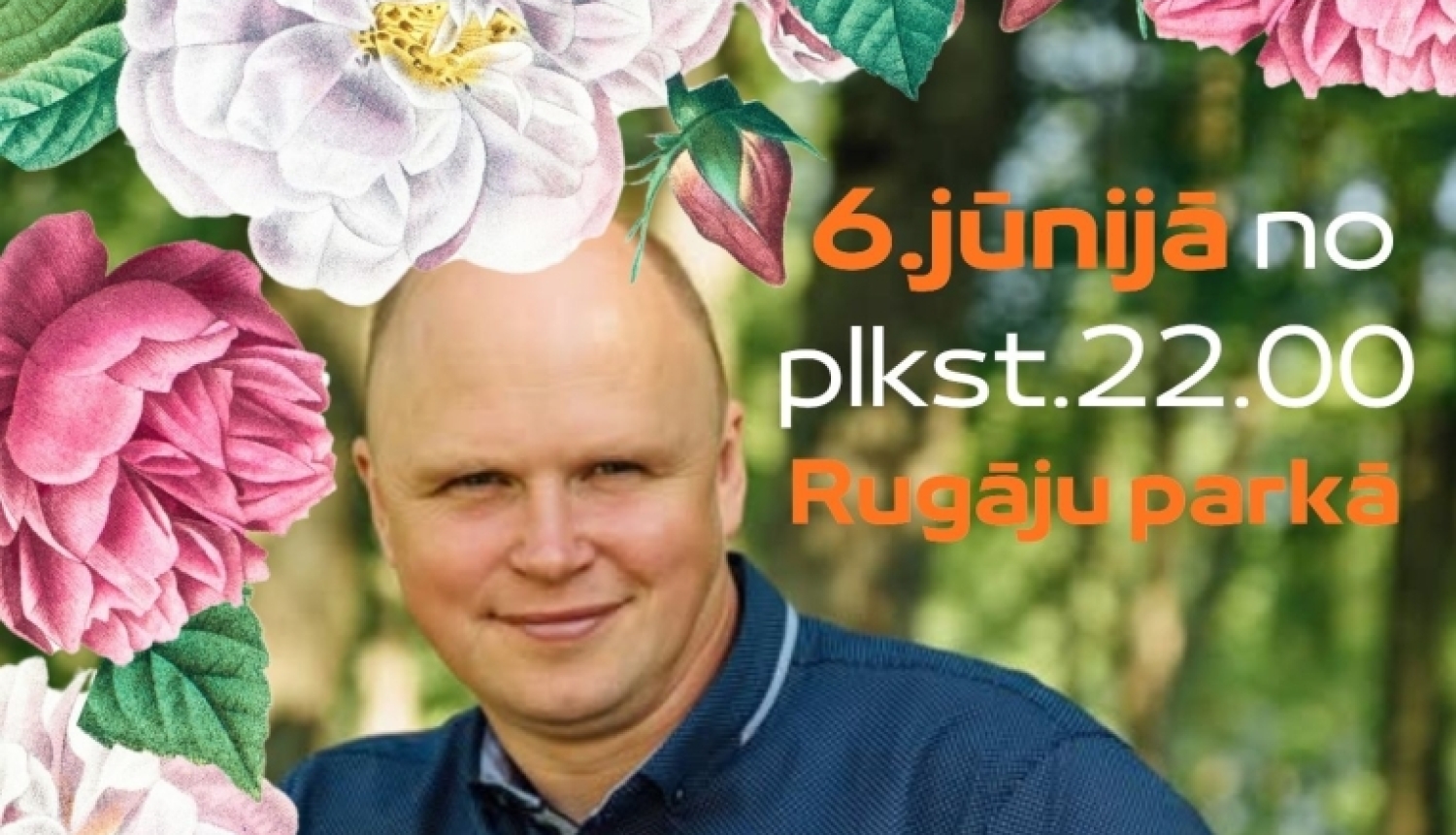 Attēlā redzams vasaras sezonas atklāšanas zaļumballes plakāts ar ziedu dekorācijām un vīrieša portretu centrā. Pasākums notiks 6. jūnijā no plkst. 22.00 Rugāju parks. Plakātā reklamēta Vasaras sezonas atklāšanas zaļumballe ar mūziķi Juris Kirsons. Norādītas arī ieejas cenas un informācija, ka darbosies kafejnīca “Škladi”. Apakšā redzams Balvu novads logo un piezīme par fotografēšanu un filmēšanu publicitātes vajadzībām.