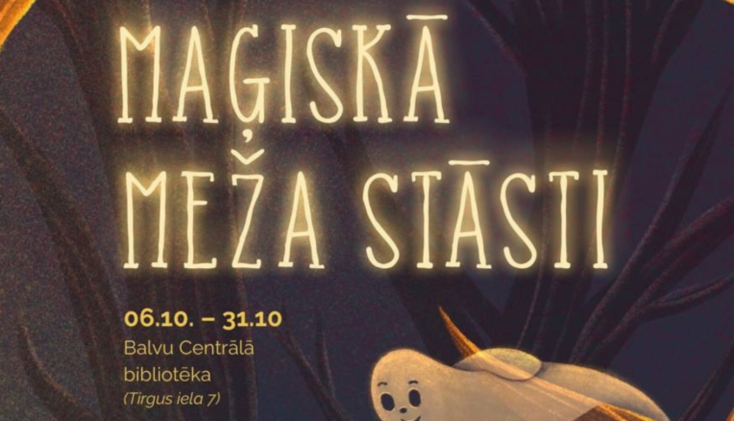 ķirbītis un spociņš uz afišas fona, aicinājums uz izstādi Balvu centrālajā bibliotēkā 