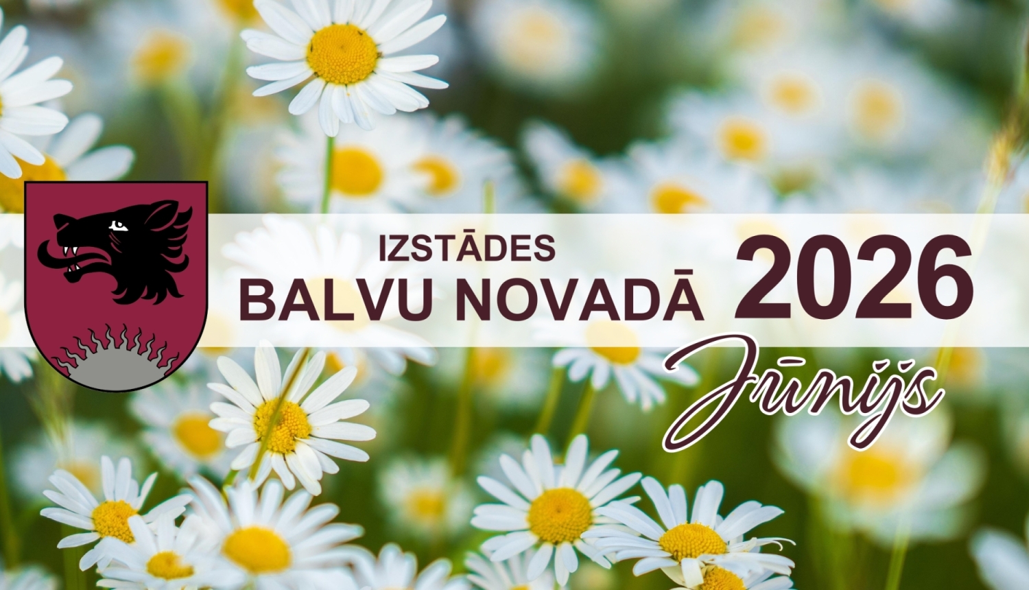 Attēlā redzams reklāmas/banner tipa vizuālis par izstādēm Balvu novadā 2026. gada jūnijā — fonā ir tuvplānā balti ziedi, kreisajā pusē novietots Balvu novada ģerbonis, bet centrā un labajā pusē izvietots teksts “Izstādes Balvu novadā 2026” un dekoratīvā rakstā “Jūnijs”.