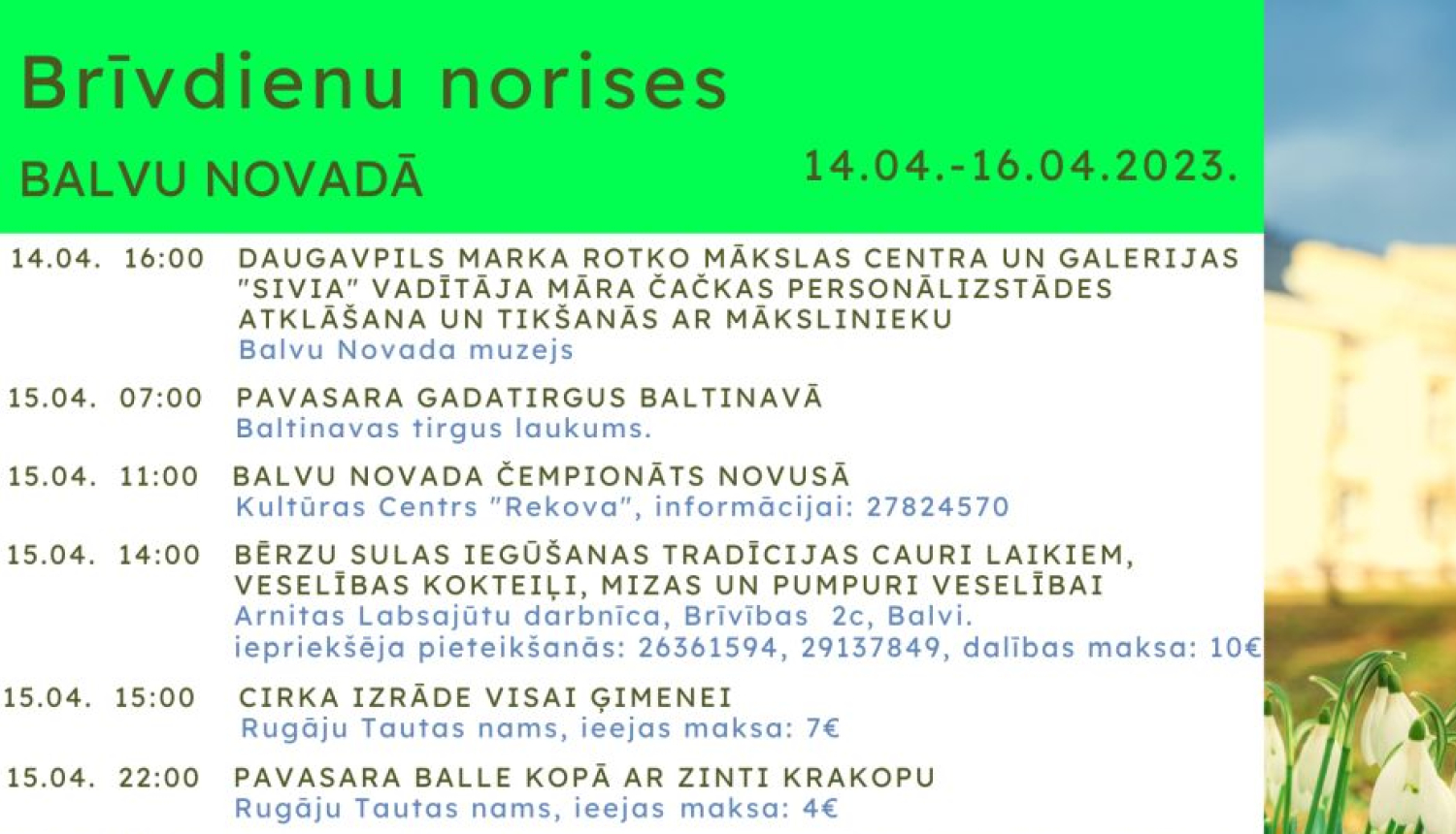 Brīvdienu norises Balvu novadā 14.04. – 16.04.