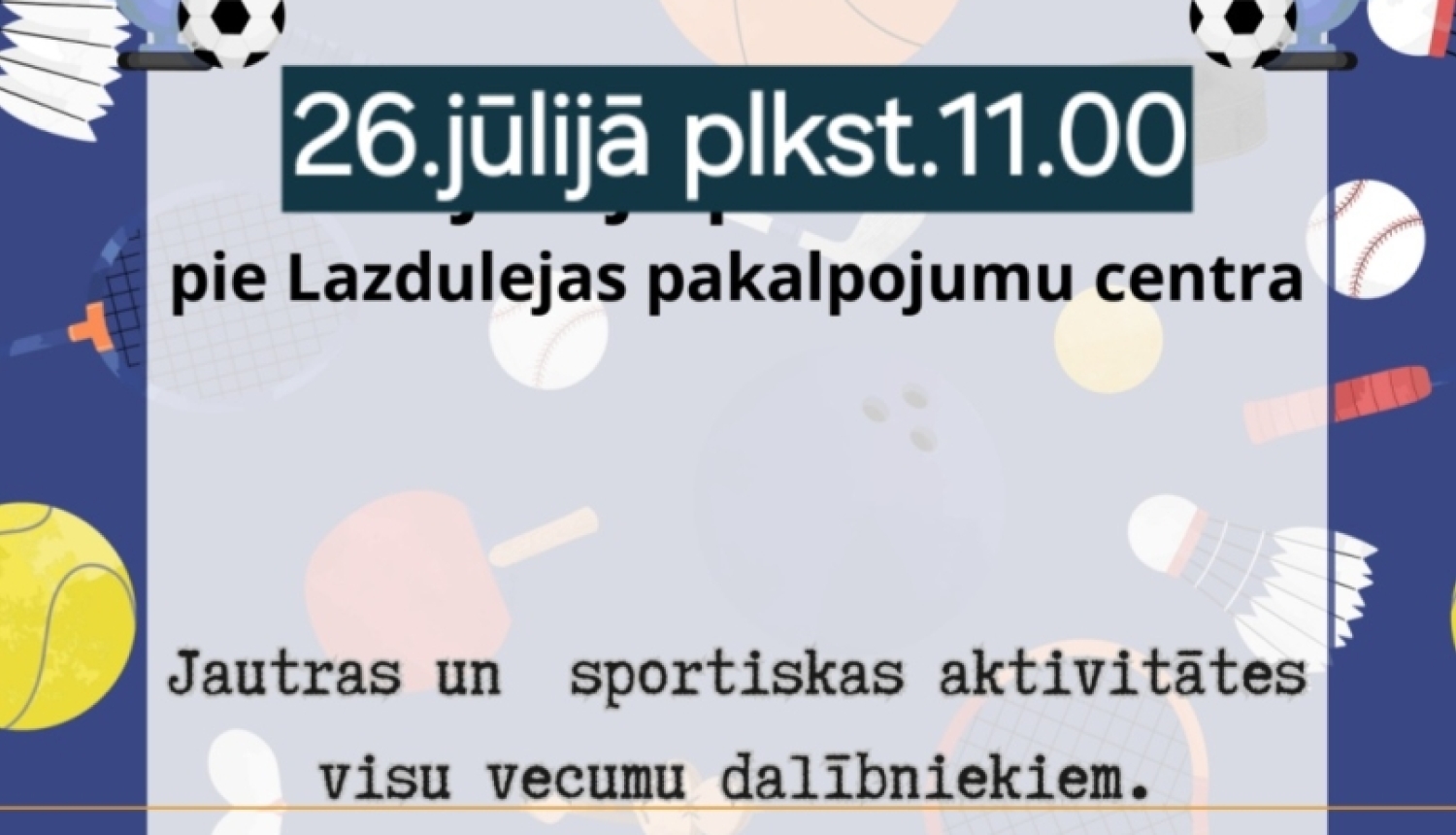 Attēlā redzams sporta pasākuma plakāts - basketbola, futbola, tenisa bumbiņas, florbola, hokeja nūjas uz tumši zila fona.