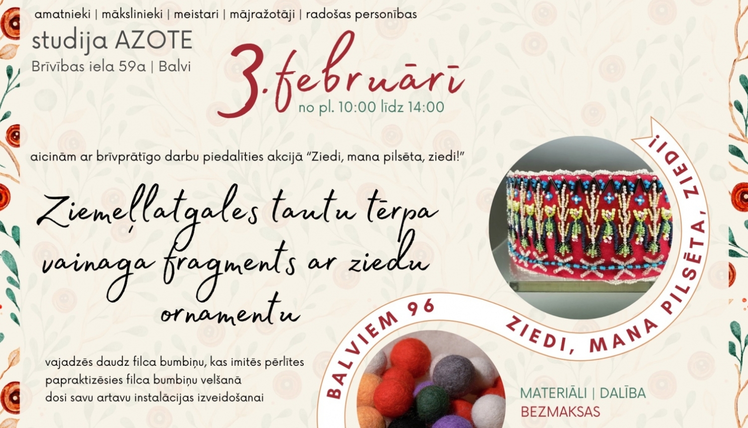 AFIŠA_Meistardarbnīca ''Ziemeļlatgales tautu tērpa vainaga fragments ar ziedu ornamentu''