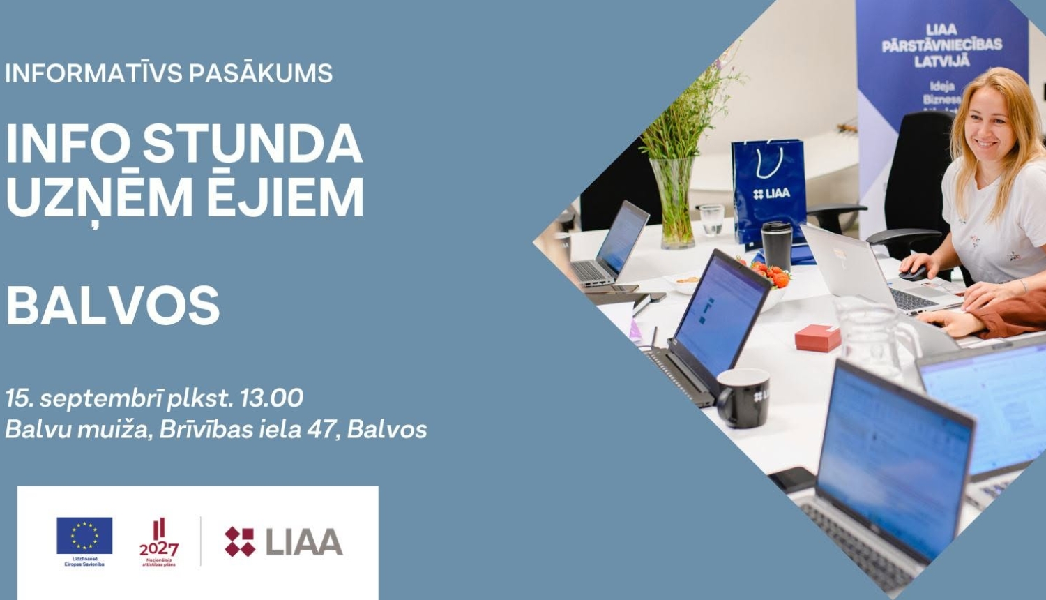 Attēlā redzama sievietes, kuras smaida, blakus datori. Uz pelēka fona aicinājums uzņēmējiem piedalīties informatīvajā stundā.