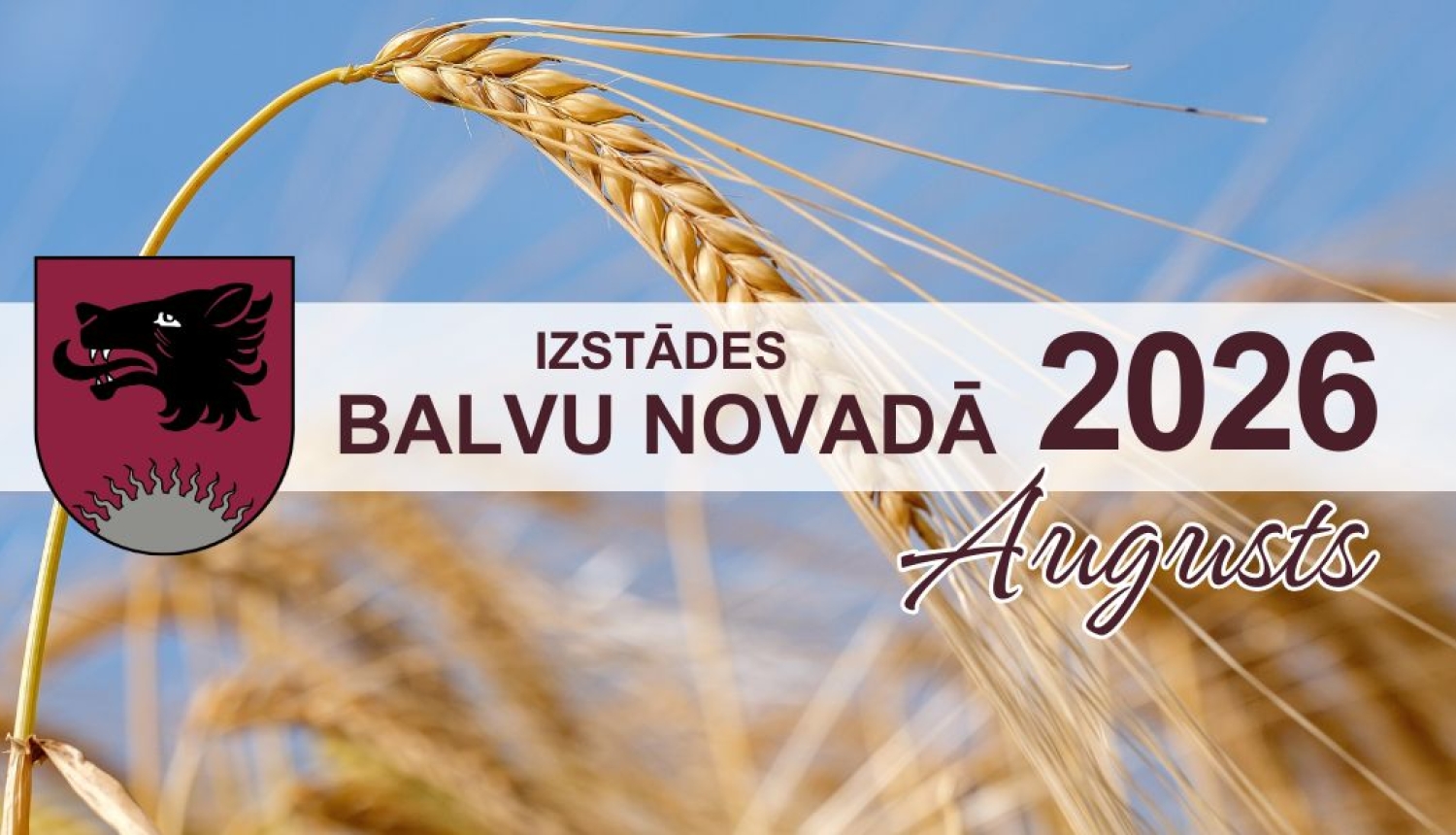 Attēlā redzams rudzu lauks un gaiši zilas debesis. Priekšplānā rudzu vārpa. Un teksts, kas aicina uz izstādēm Balvu novadā - augustā. 