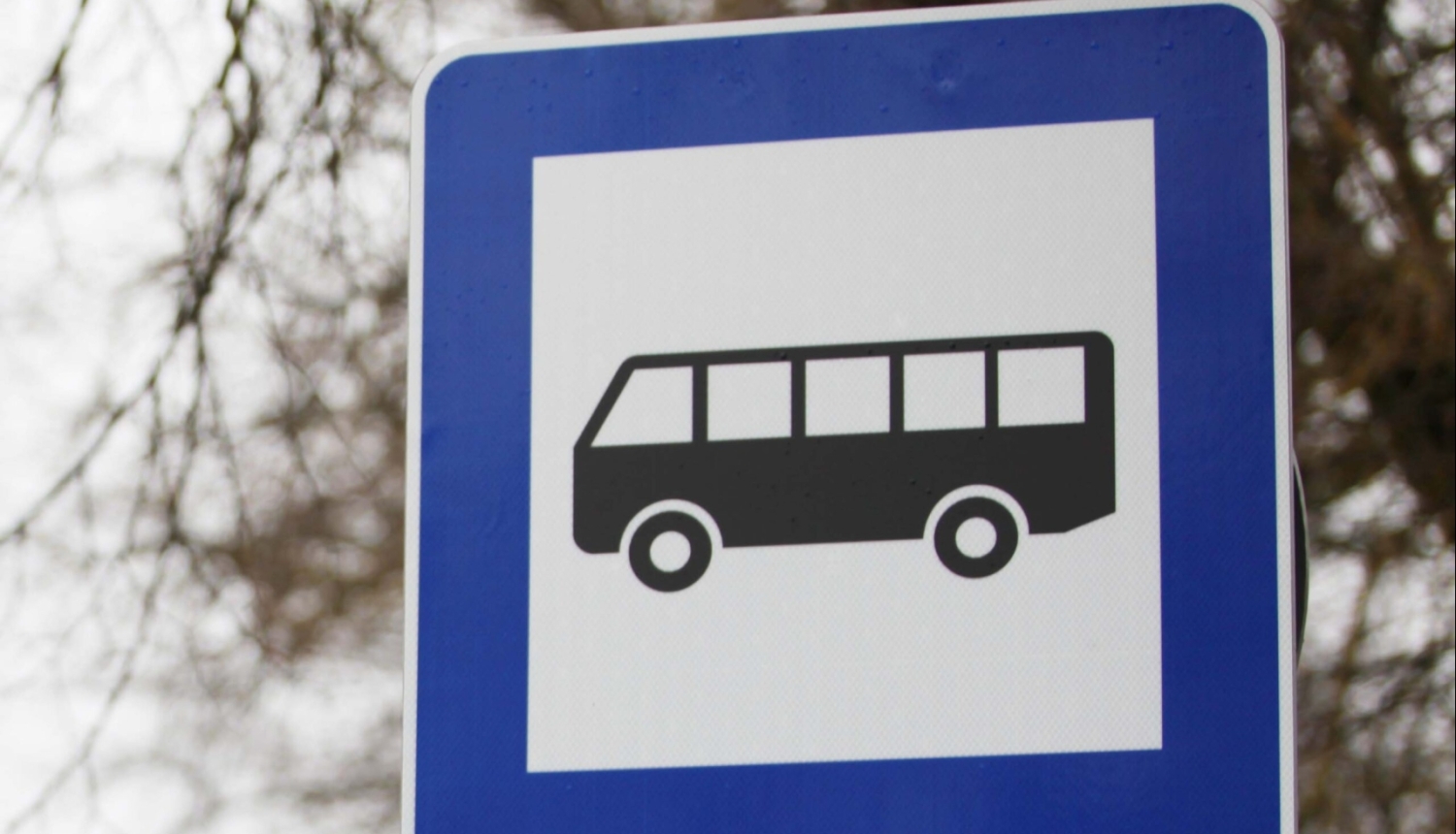 Ceļa zīme "Autobusa un trolejbusa pietura" tuvplānā. Uz zīmes zilā rāmja un baltā fona attēlots melns autobusa simbols.