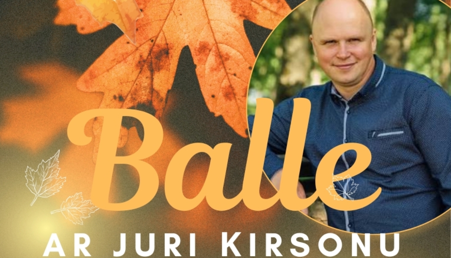 Uz tumši brūna fona redzamas rudens lapas oranžā krāsā. Redzams vīrietis - muzikants.