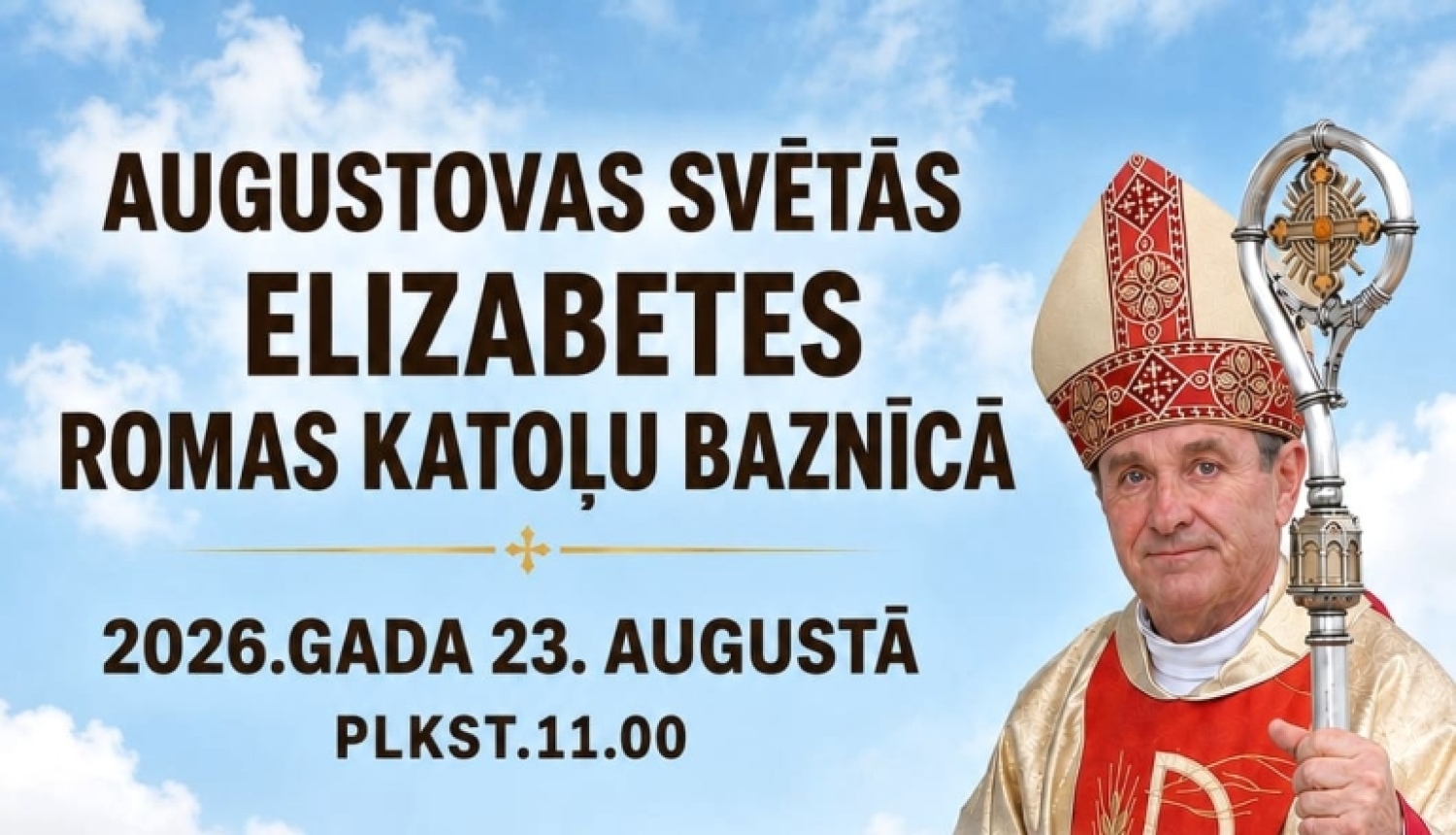 Plakātā redzama sarkana katoļu baznīca, bīskaps liturģiskajā tērpā un baznīcas dārzs. Tajā izziņota Aglonas Svētās Elizabetes Romas katoļu baznīcas bīskapa Jāņa Buļa kanoniskā vizitācija 2026. gada 23. augustā.