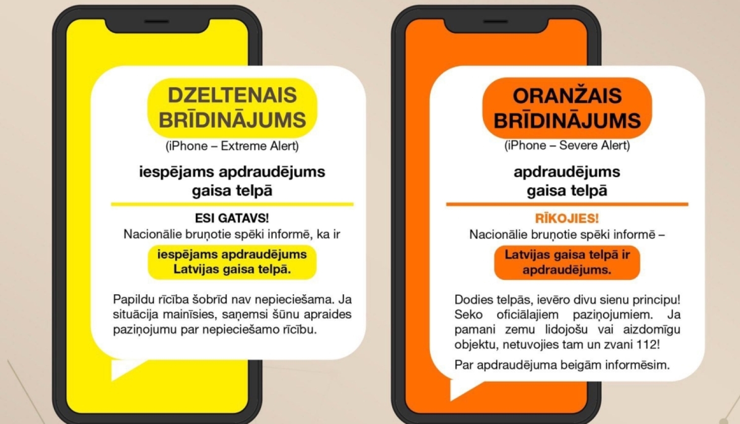 Šūnu apraides brīdinājumu līmeņu attēlojums. Divi telefoni - viens dzeltenā, otrs oranžā krāsā. 