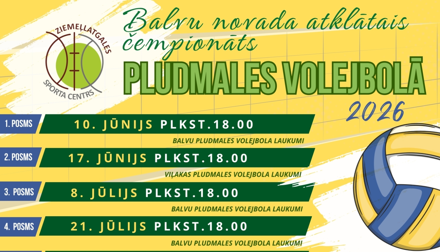 Attēlā redzams reklāmas plakāts par pludmales volejbola čempionātu 2026. Tajā norādīti pieci posmi ar datumiem un laikiem (jūnijā, jūlijā un augustā plkst. 18.00), norises vietas Balvu un Viļakas pludmales volejbola laukumos, kā arī dalības maksa – 10 eiro. Plakātā ir volejbola bumbas ilustrācija, sporta centra logotips un kontaktinformācija galvenajam tiesnesim. Ir arī norāde, ka pasākuma laikā tiks fotografēts un filmēts.